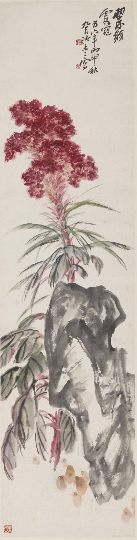 <h2>鸡冠</h2><p>作者：诸乐三（1902-1984）</p><p>创作年代：1956年</p><p>规格：76cm×35cm</p><p>品类：中国画</p>